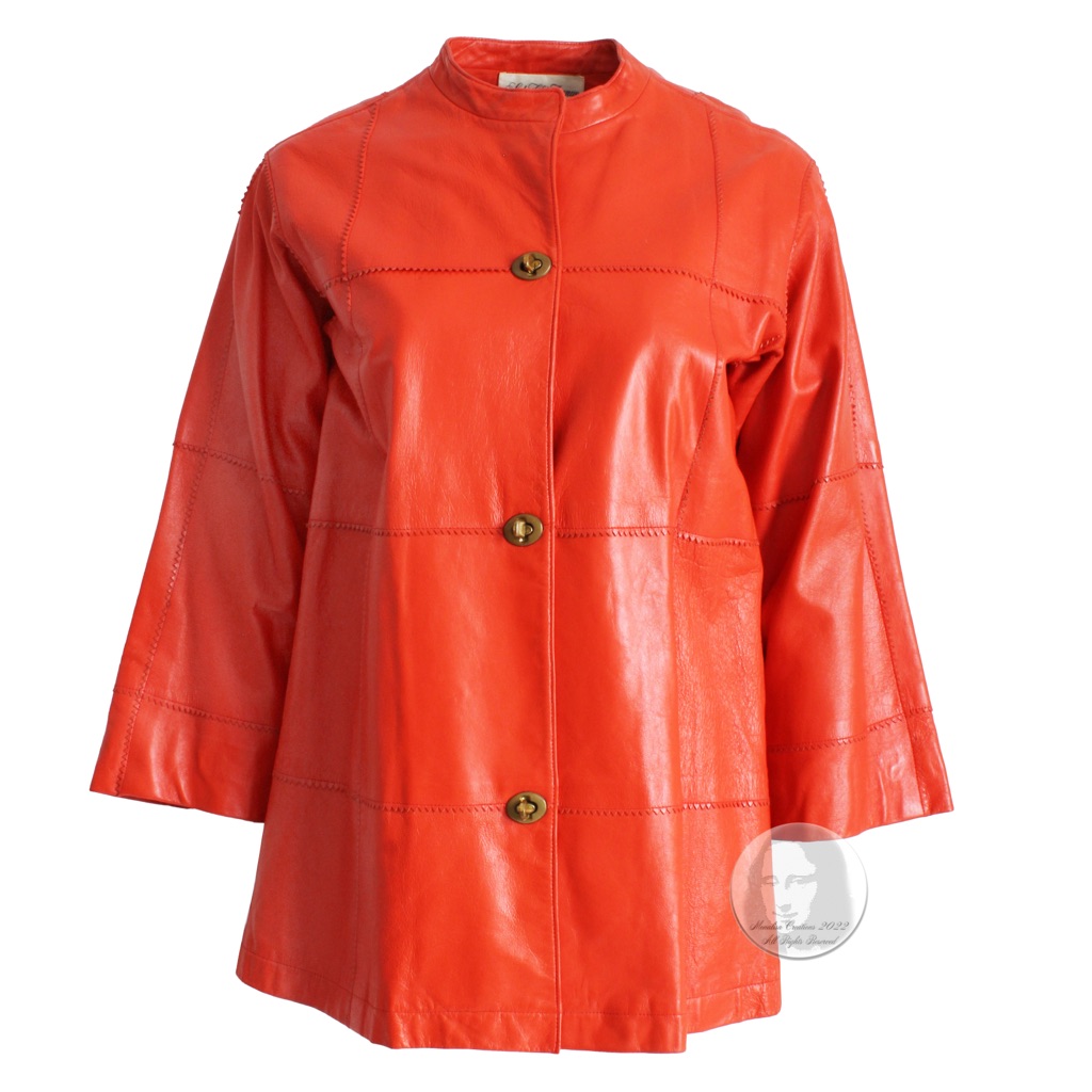 Bonnie Cashin For Sills Leather Jacket Kimono Sleeves Orange Zig Zag Edges Rare